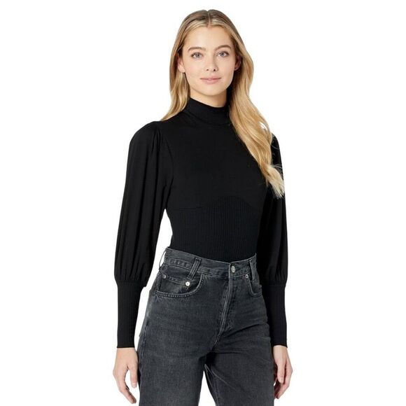 NWT Only Hearts Black Eco Rib Poet Sleeve Bodysuit - Picture 1 of 8